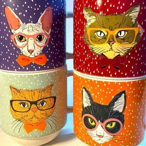 Stacking kitty cat Swifty mugs in stainless steel mug holder